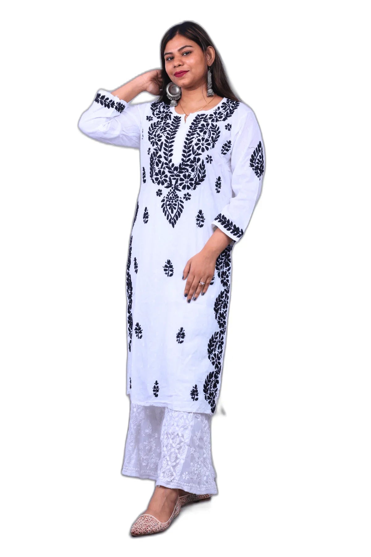 White Chikankari Long Kurti on Black Malmal Cotton - Awadhkari