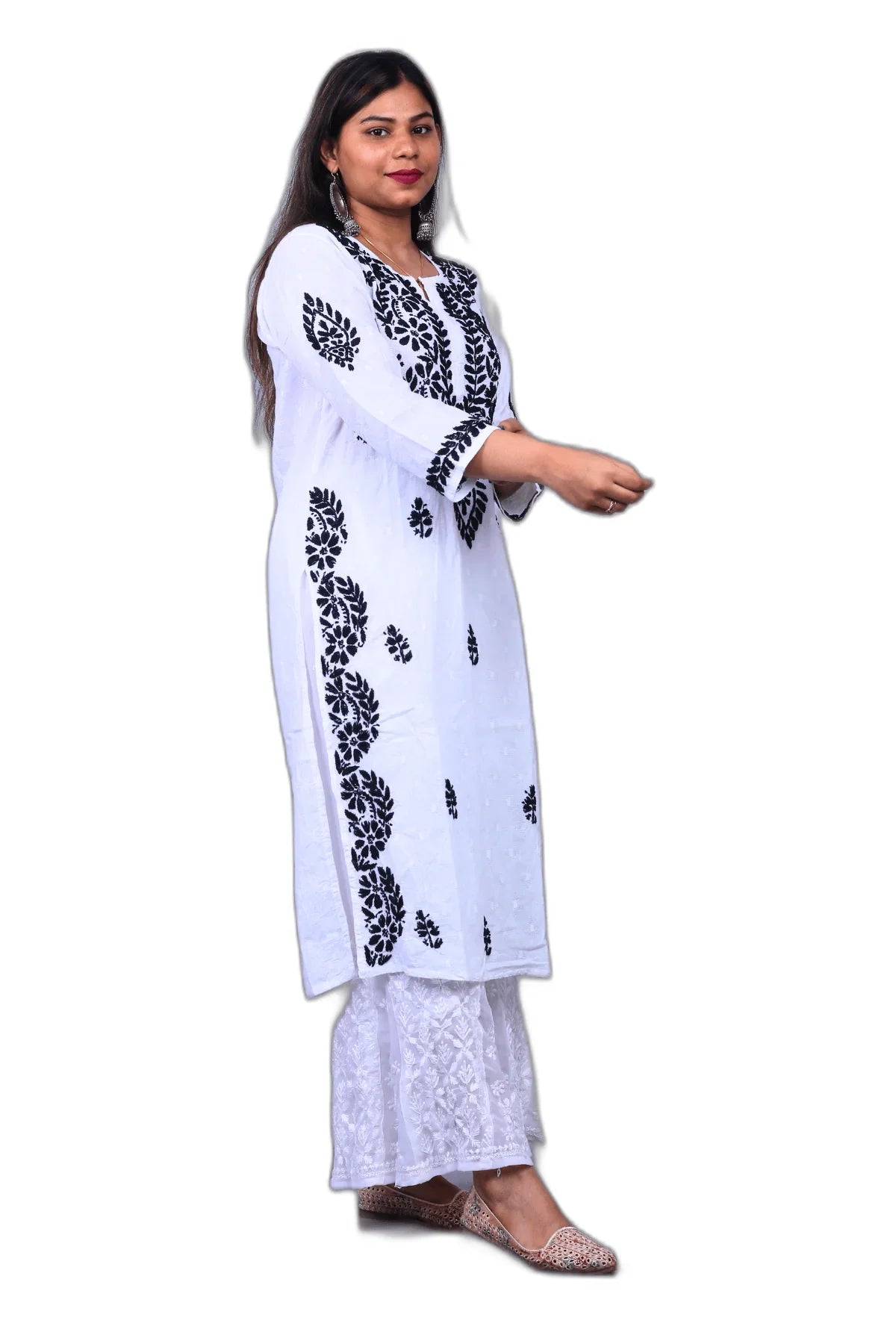 White Chikankari Long Kurti on Black Malmal Cotton - Awadhkari