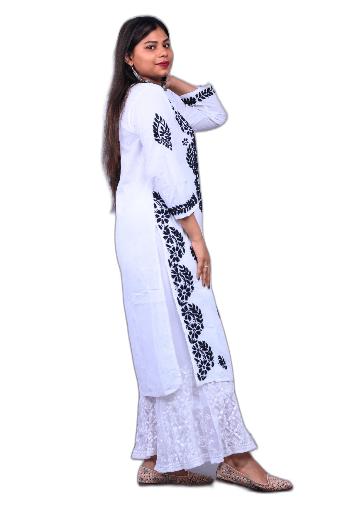 White Chikankari Long Kurti on Black Malmal Cotton - Awadhkari
