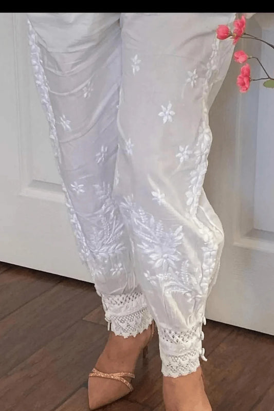 White Hand Embroidered Lucknowi Chikankari Afghani Style Palazzo - Awadhkari