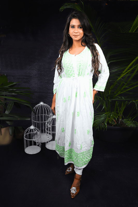 White & Light Green Nyra Cut Anarkali Style Chikankari Cotton Long Kurti - Awadhkari