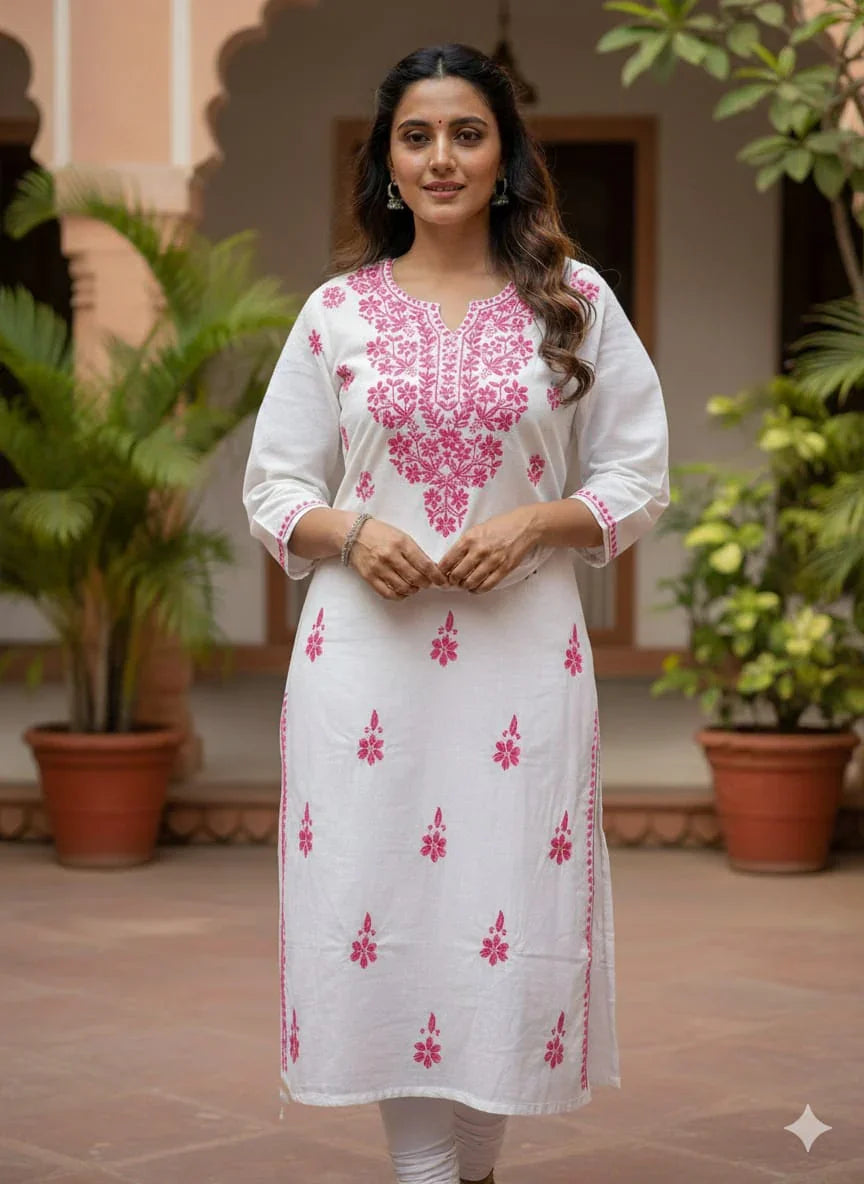 White & Rani Pink Chikankari Mal Cotton Long Kurti - Awadhkari
