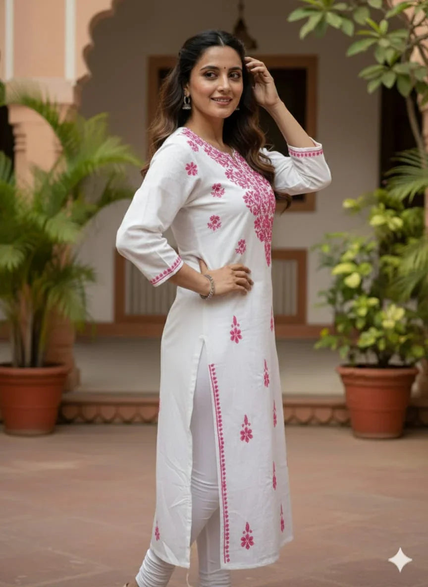 White & Rani Pink Chikankari Mal Cotton Long Kurti - Awadhkari