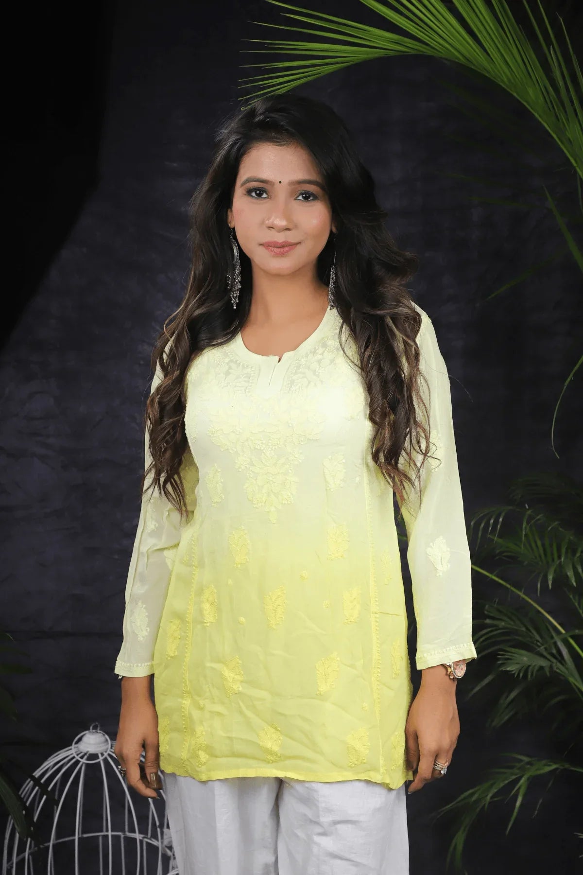 Yellow Ambre Mal Cotton Chikankari Handwork Short Kurti - Awadhkari