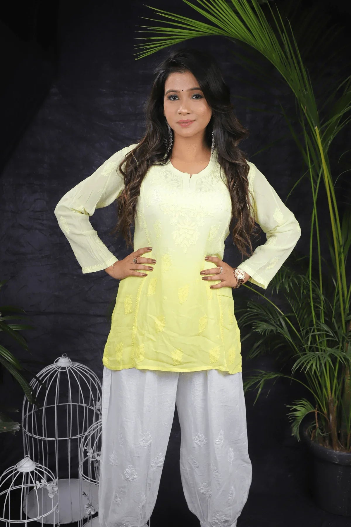 Yellow Ambre Mal Cotton Chikankari Handwork Short Kurti - Awadhkari