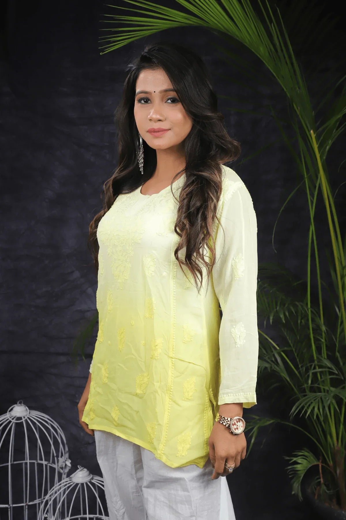 Yellow Ambre Mal Cotton Chikankari Handwork Short Kurti - Awadhkari