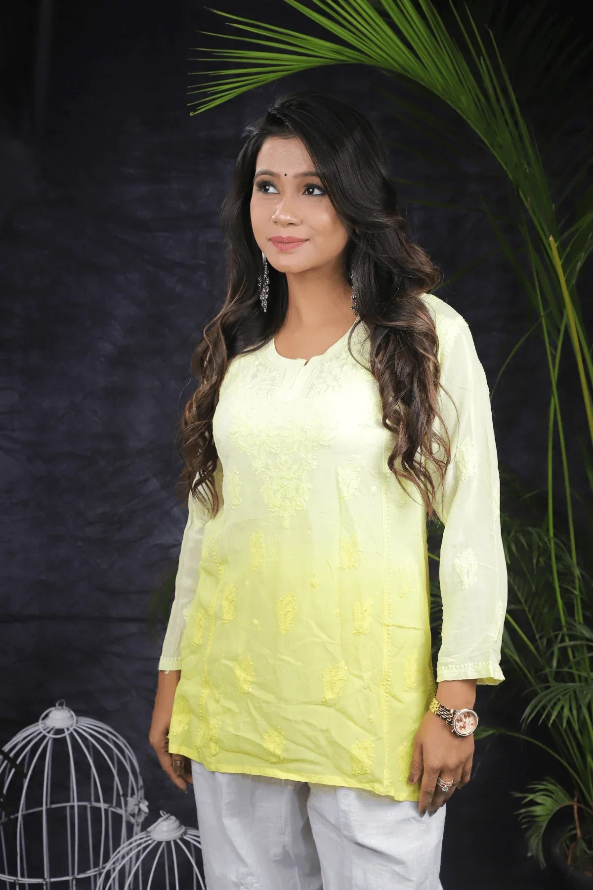 Yellow Ambre Mal Cotton Chikankari Handwork Short Kurti - Awadhkari