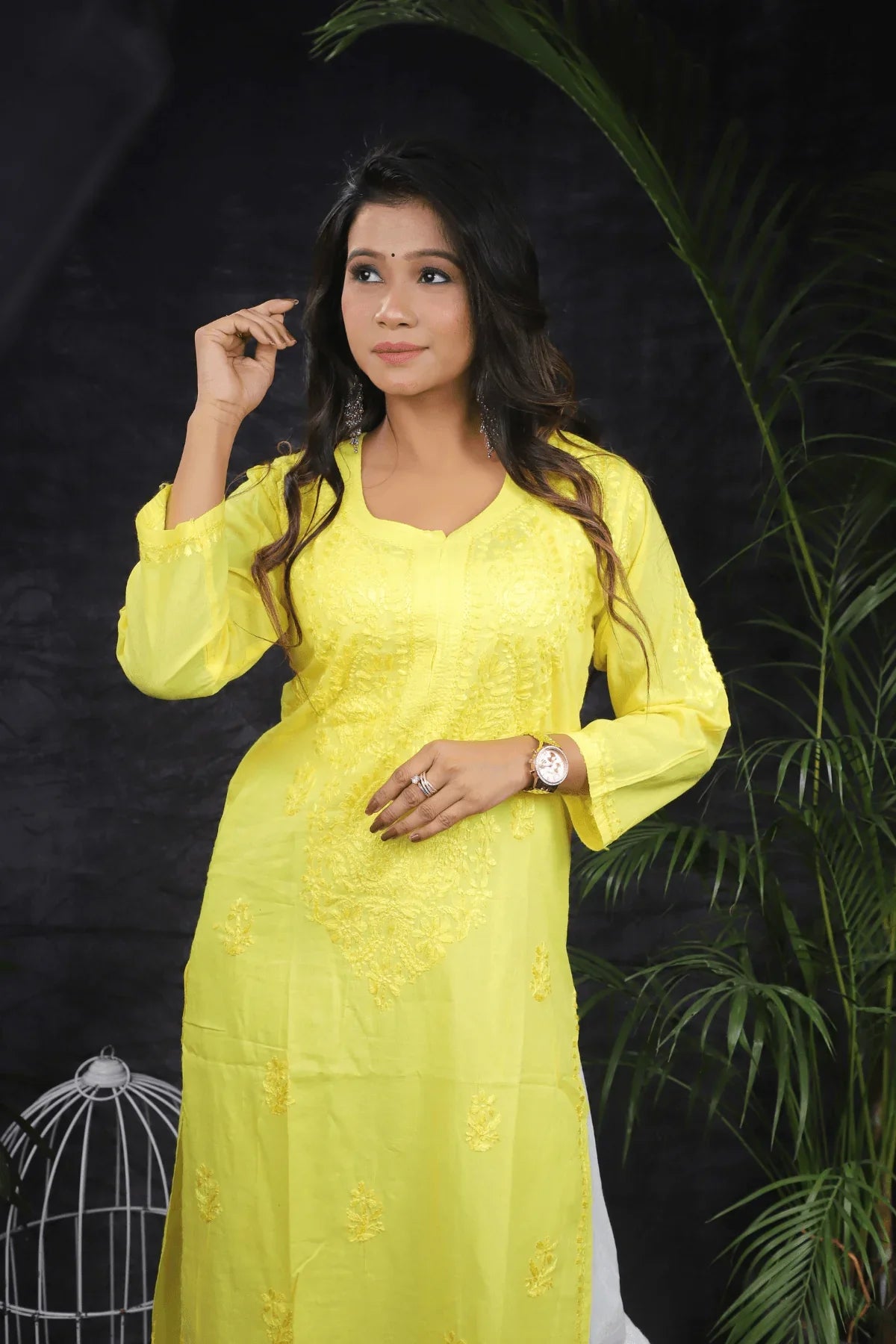 Yellow Mal Cotton Resham Thread Long Kurti - Awadhkari