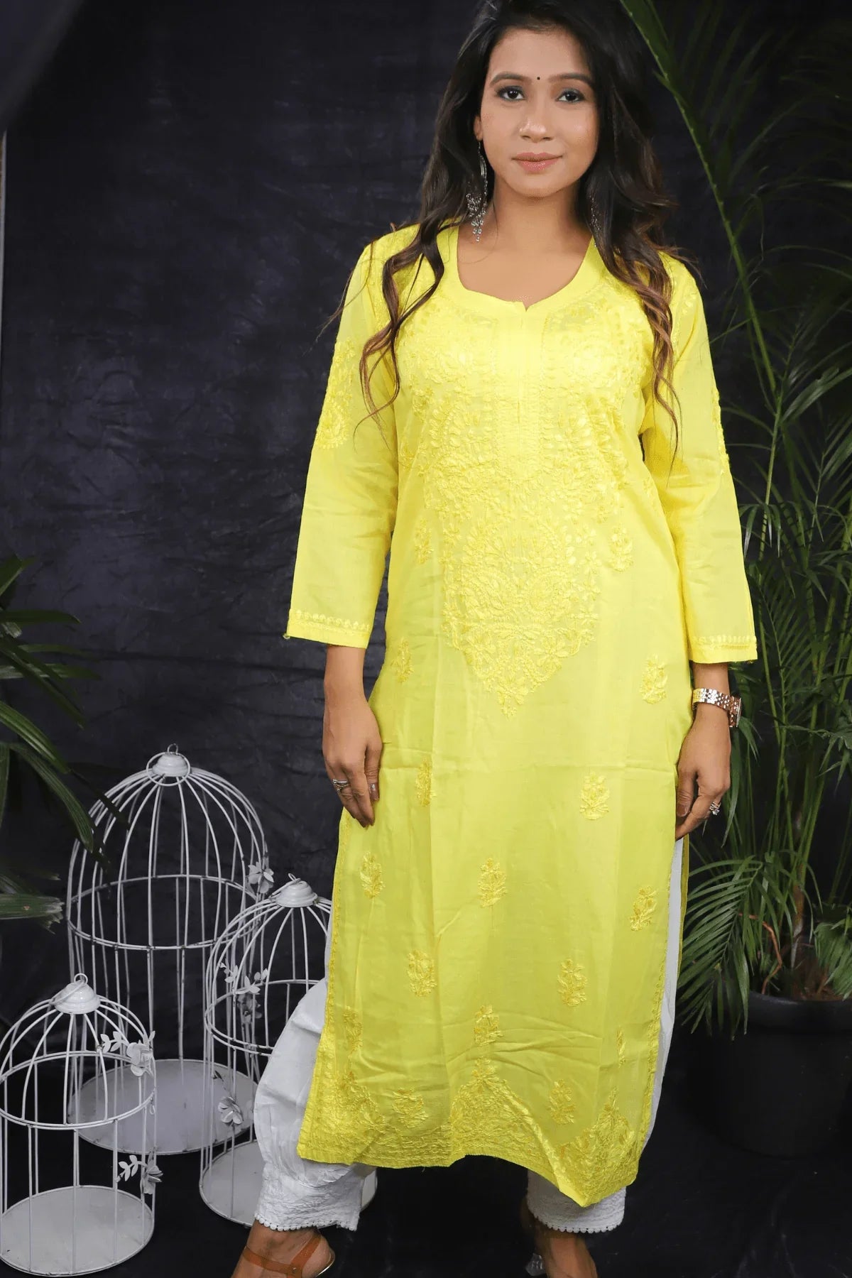 Yellow Mal Cotton Resham Thread Long Kurti - Awadhkari