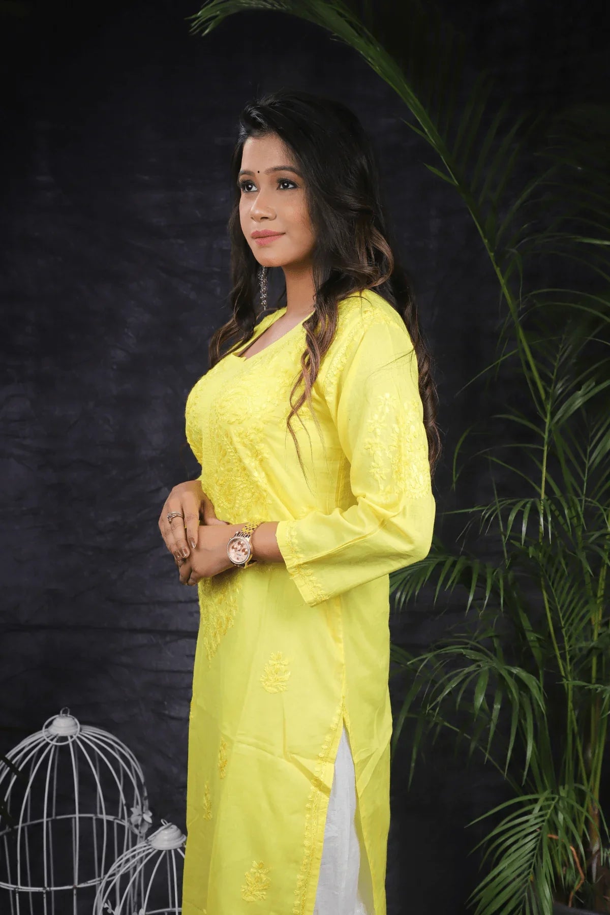 Yellow Mal Cotton Resham Thread Long Kurti - Awadhkari