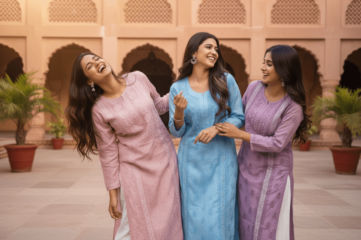 Three women in traditional chanderi chikankari attire standing together outdoors with a decorative wall in the background.