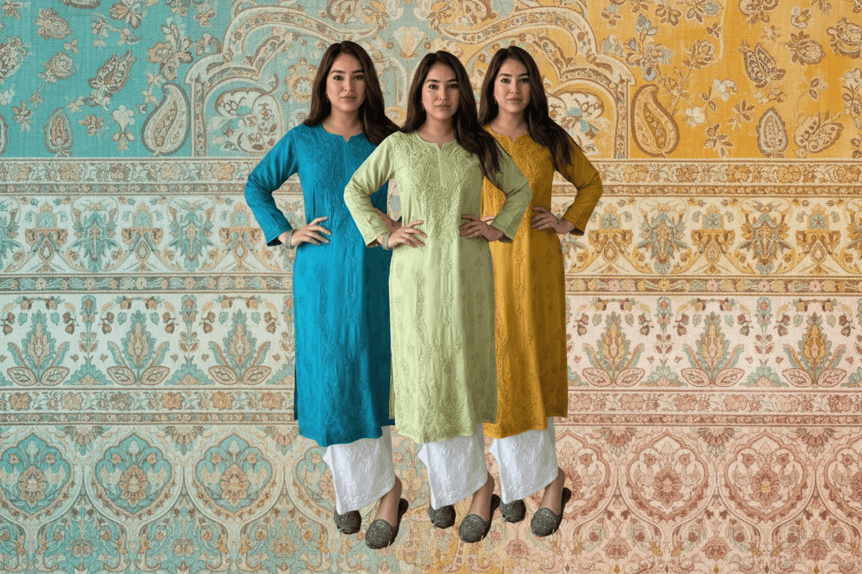Three women wearing colorful kurta sets standing against a patterned wall.