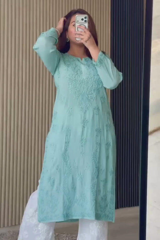 Awadhkari Lucknowi Chikankari Beautiful Modal Anchor Thread 3D Work Kurti with Rayon Plazo - Bedge Brown