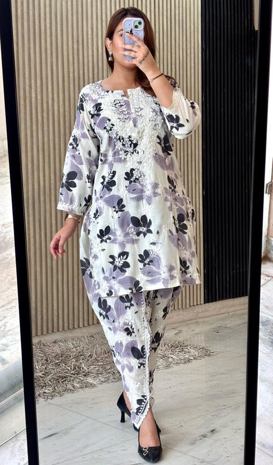 Awadhkari Lucknowi chikankari handwork White & Purple Print Cotton Short Kurti Dhoti Set