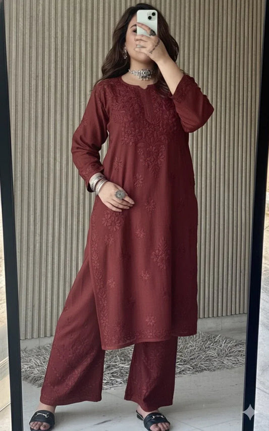 Rust Brown Lucknowi Chikankari Beautiful Designer Dyeble Chanderi silk Plazo Set - Awadhkari