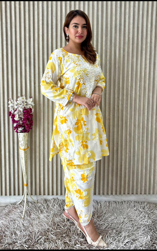 Awadhkari Lucknowi chikankari handwork White & Yellow Print Cotton Short Kurti Dhoti Set