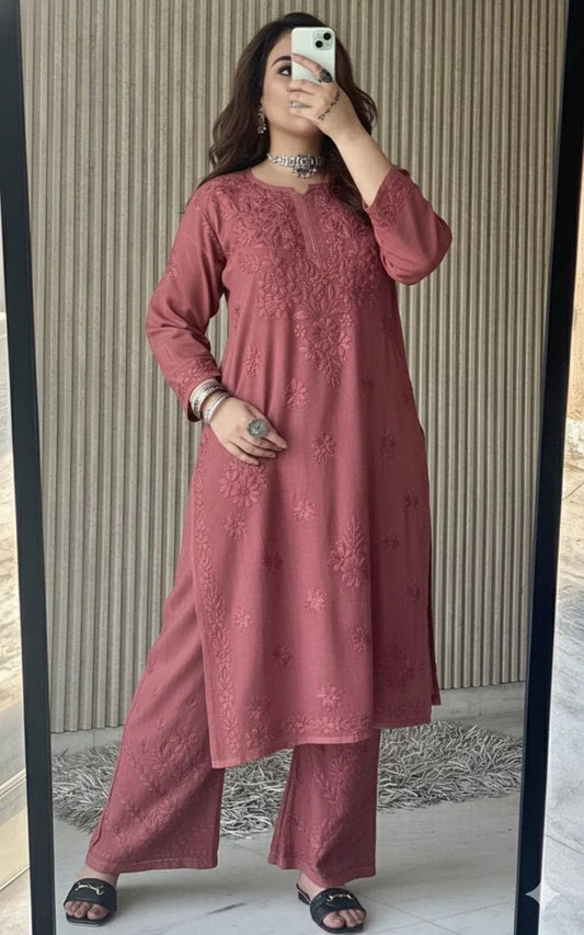 Pastel Brown Lucknowi Chikankari Beautiful Designer Dyeble Chanderi silk Plazo Set - Awadhkari