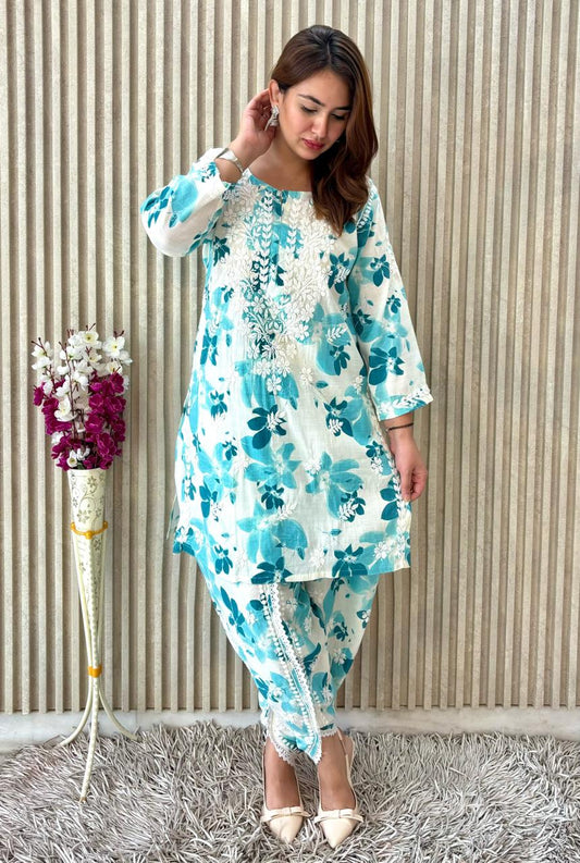 Awadhkari Lucknowi chikankari handwork White & Sky Blue Print Cotton Short Kurti Dhoti Set