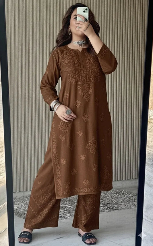 Brown Lucknowi Chikankari Beautiful Designer Dyeble Chanderi silk Plazo Set - Awadhkari