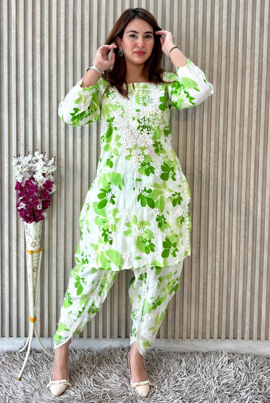 Awadhkari Lucknowi chikankari handwork White & Green Print Cotton Short Kurti Dhoti Set