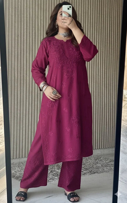 Wine Pink Lucknowi Chikankari Beautiful Designer Dyeble Chanderi silk Plazo Set - Awadhkari