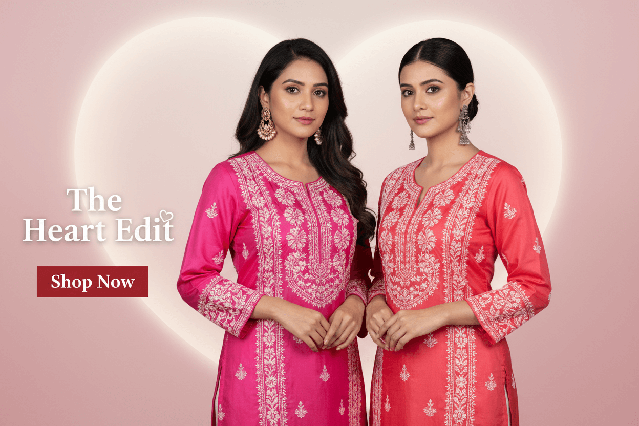 Two women wearing pink and red  chikankari embroidered dresses with a 'Shop Now' button on a pink background.