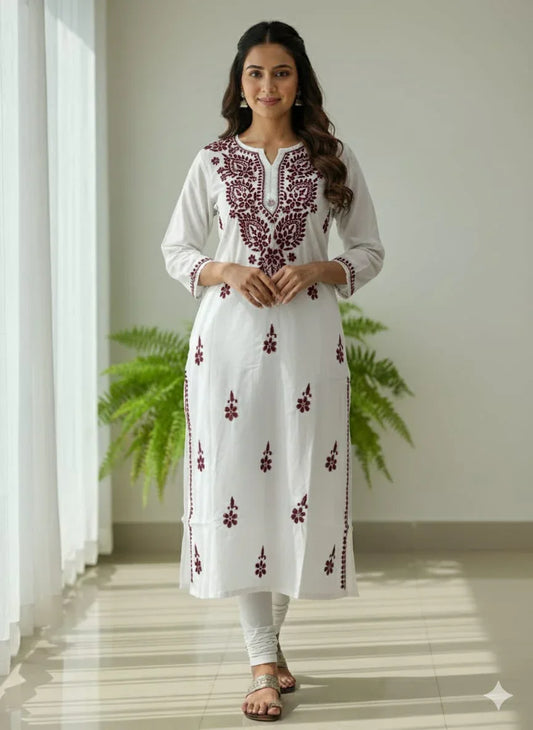 White & Wine Chikankari Mal Cotton Long Kurti - Awadhkari