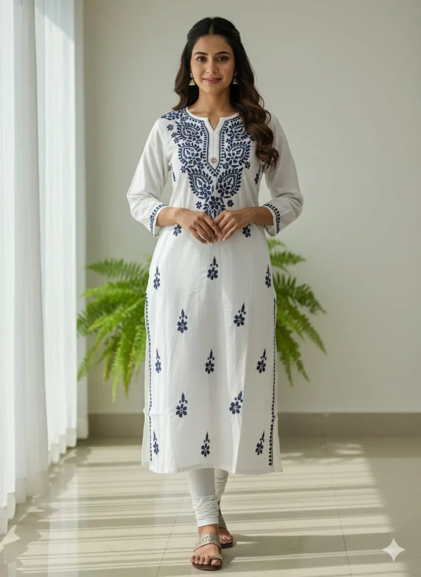 White & Grey Chikankari Mal Cotton Long Kurti - Awadhkari
