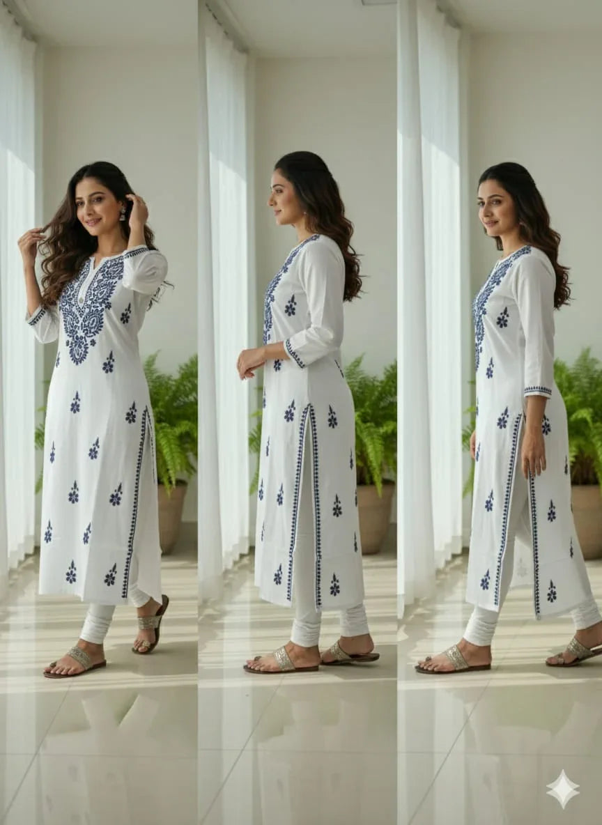 White & Grey Chikankari Mal Cotton Long Kurti - Awadhkari