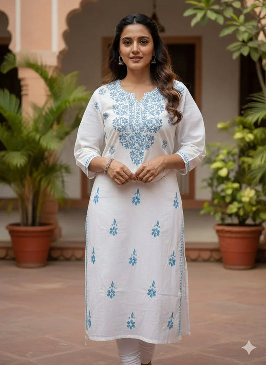 White & Powder Blue Chikankari Mal Cotton Long Kurti - Awadhkari