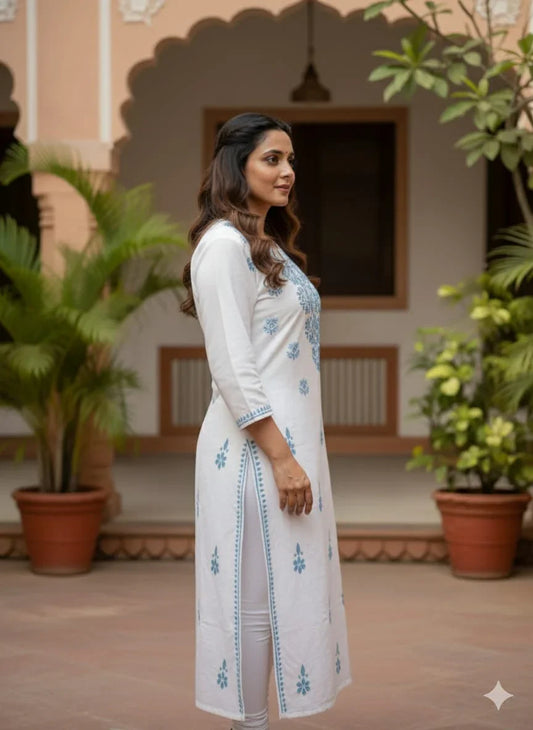 White & Powder Blue Chikankari Mal Cotton Long Kurti - Awadhkari